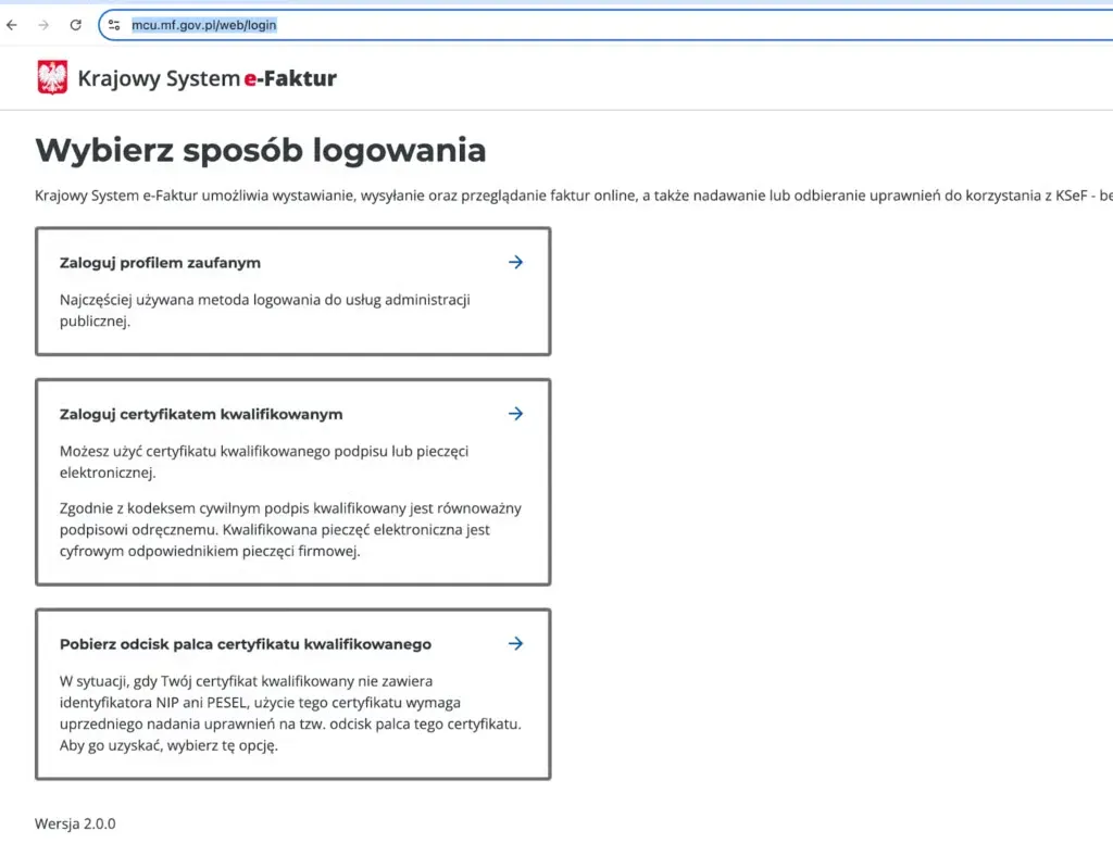 Přihlašovací stránka KSeF s tlačítkem důvěryhodného profilu
